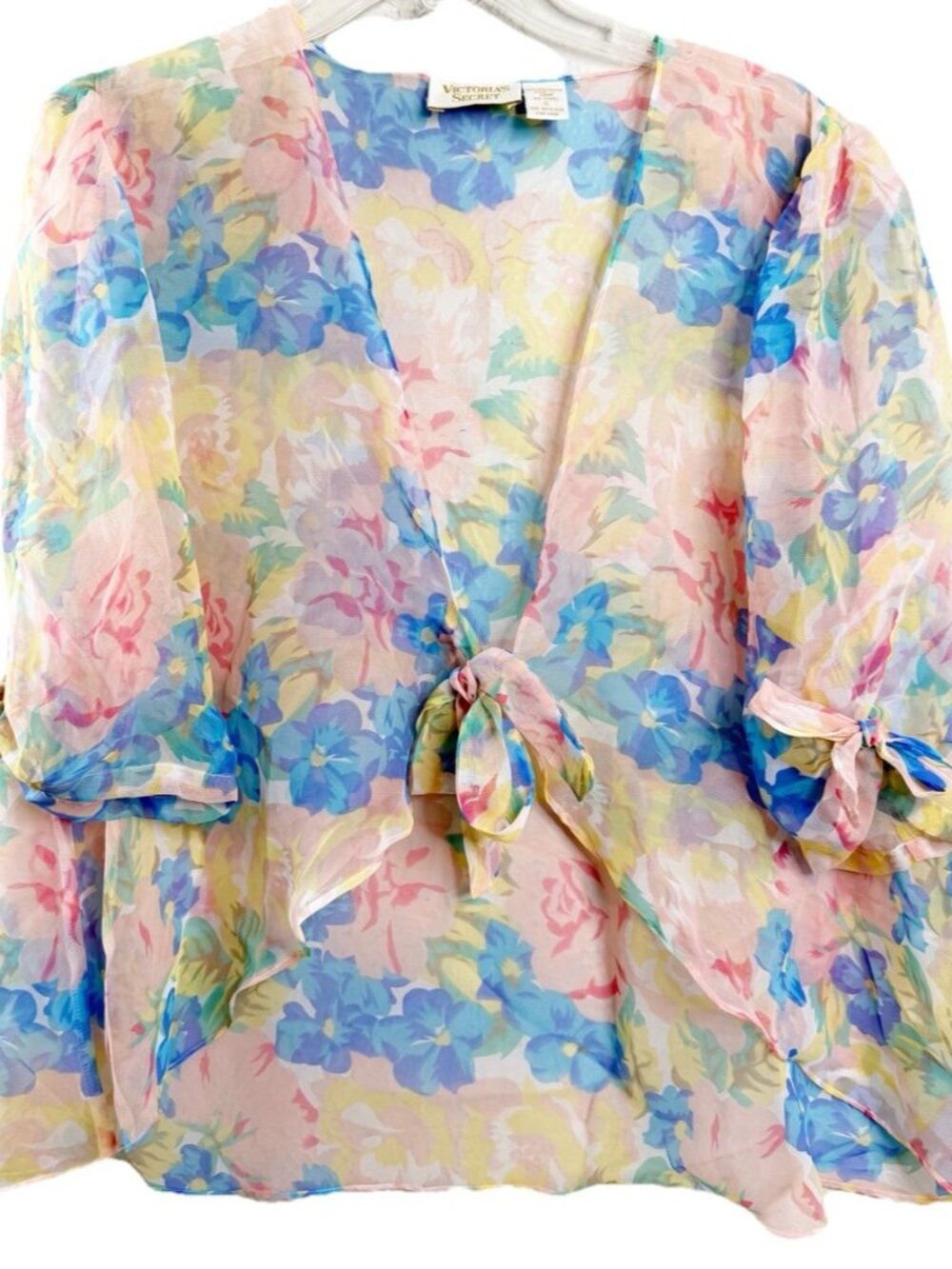 VTG Victorias Secret Gold Label Small Floral Sheer Pastel Front Tie Top  EUC